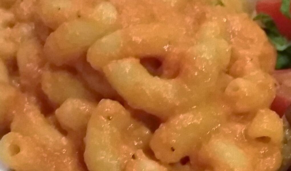Close-up of completed vegan mac and cheese on a plate