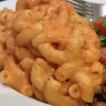 Close-up of completed vegan mac and cheese on a plate