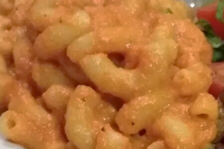 Close-up of completed vegan mac and cheese on a plate