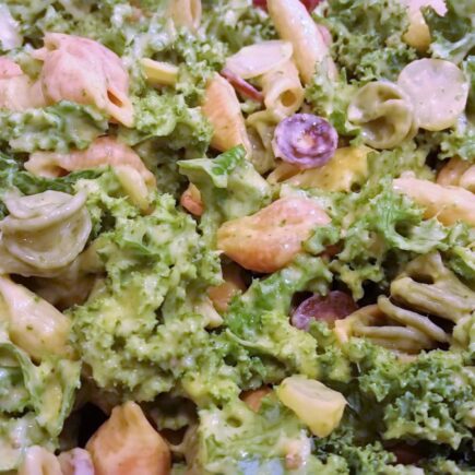 Close up of salad showing kale, dressing along with penne and spiral pasta and grapes